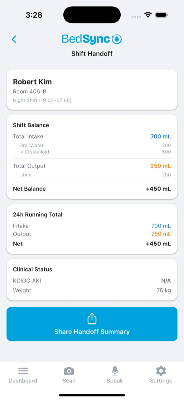 Shift handoff summary with share and export button